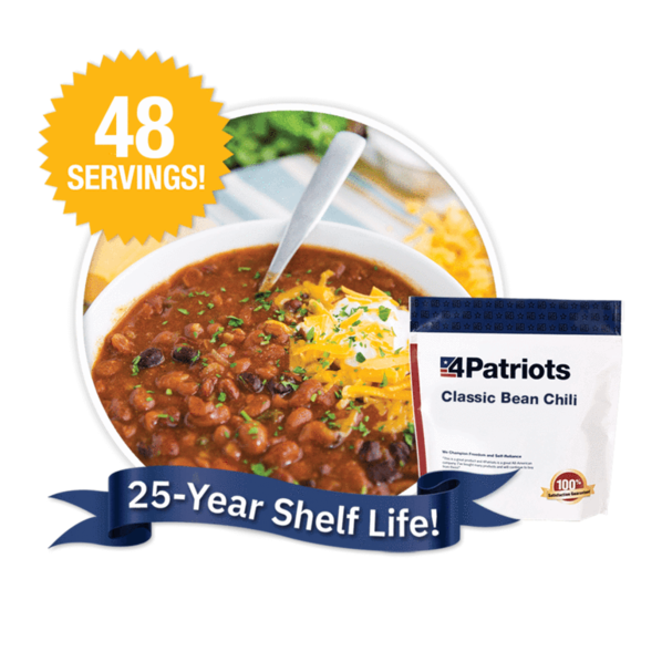 Prepared classic bean chili food kit and pouch. 25-year shelf life. 48 servings.