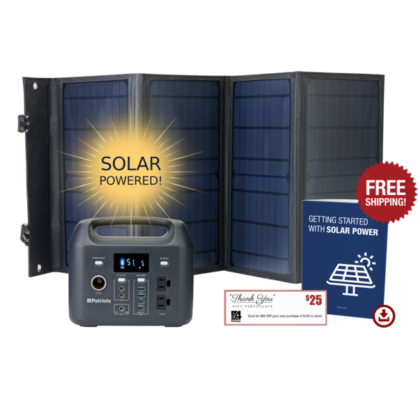 Patriot Power Sidekick, included 40-Watt solar panel come with free bonus gufts: $25 gift certificate and Solar Power Digital Report, plus Free shipping and handling.