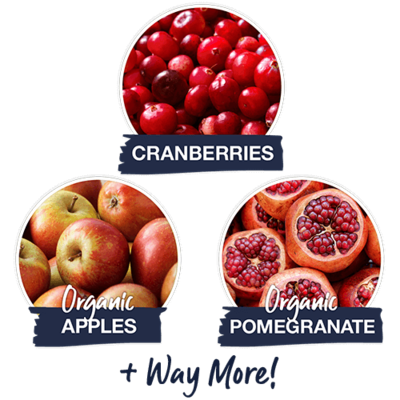 3 images of cranberries, organic apples, and organic pomegranate