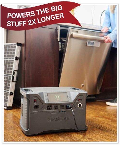 Patriot Power Generator 2000X powering a dishwasher - powers the big stuff 2X longer.