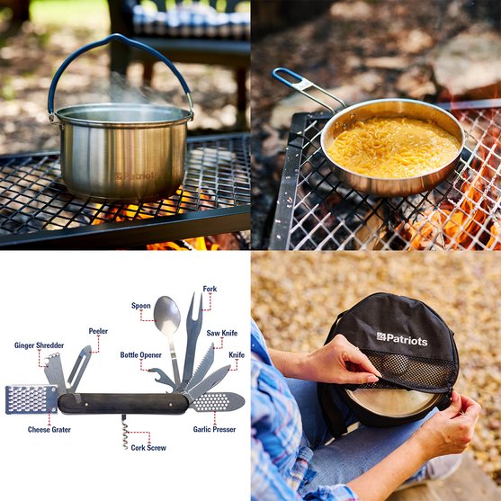 4 images showing the 4Patriots Campfire Cooking Kit