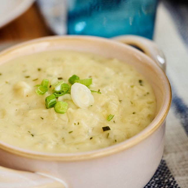 Cozy potato soup in a bowl on a table