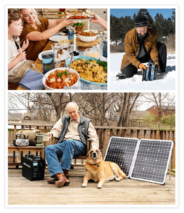 Prepared food, solar Sun Kettle, and the Patriot Power Generator 1800 with included solar panel.