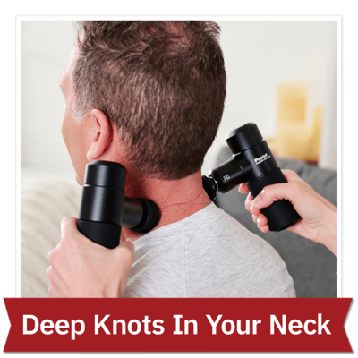 Man using the Rapid Fire Micro Massager on deep knots in his neck