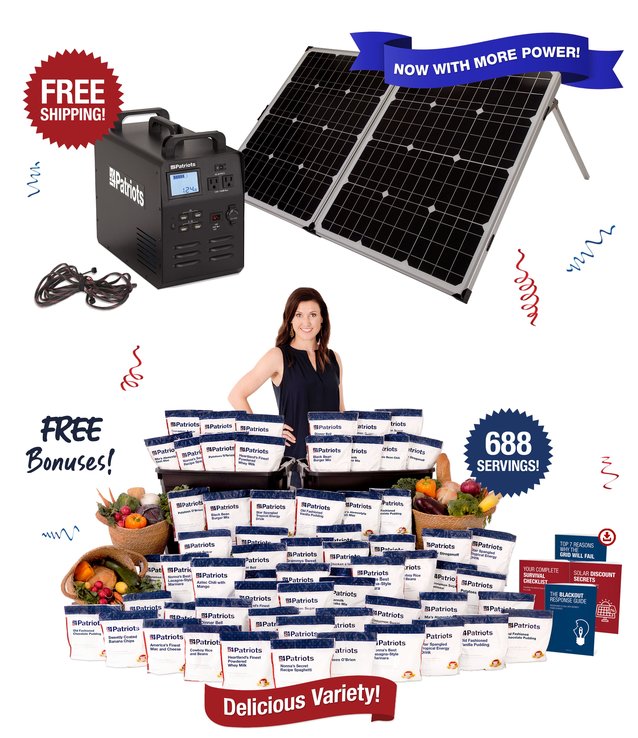 3-Month Survival Food Kit pouches and Patriot Power Generator 1800 and solar panel