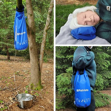 Off-Grid clean water kit being shown 3 ways: hanging from a tree, folded up as a pillow, being carried like a shoulder bag.