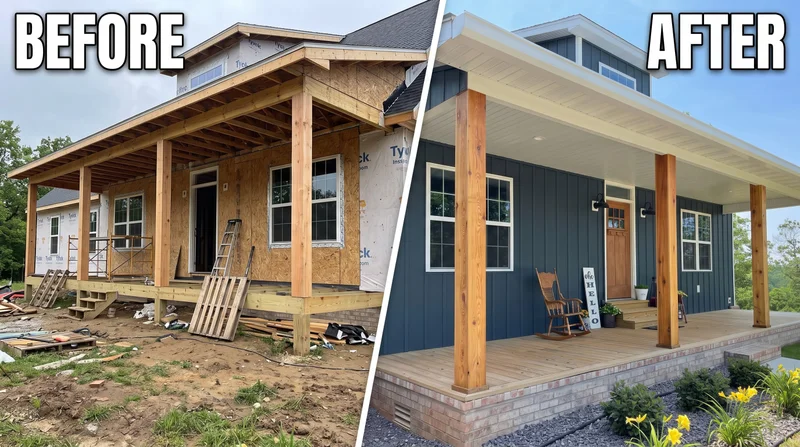 Before and after: unfinished covered porch framing turned into navy board-and-batten home with cedar posts