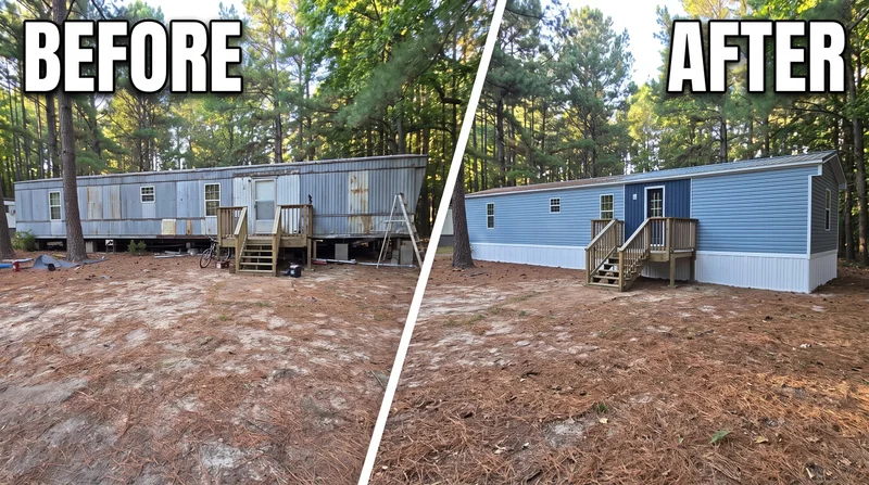 Before and after: silver metal manufactured home re-sided in blue vinyl with new steps