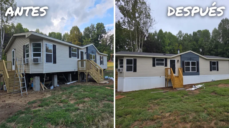 Before and after: cream manufactured home with navy accent panel, deck, and new steps