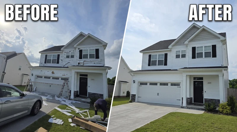 Before and after: two-story white vinyl home with garage door after exterior repairs