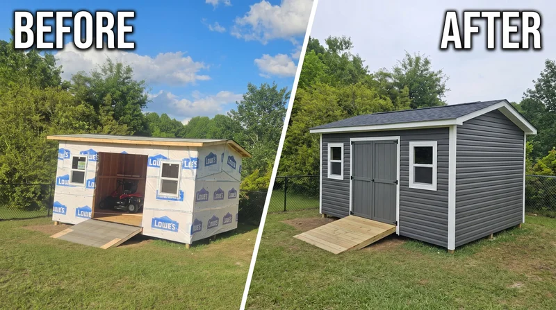 Before and after: plywood shed transformed into gray vinyl-sided shed with double doors