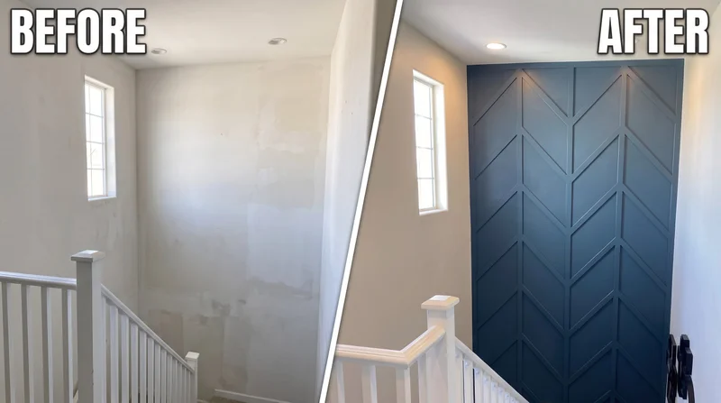 Before and after: plain stairwell wall finished with navy chevron paneling