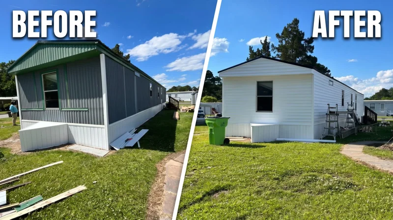 Before and after: green metal-sided manufactured home re-sided in white vinyl