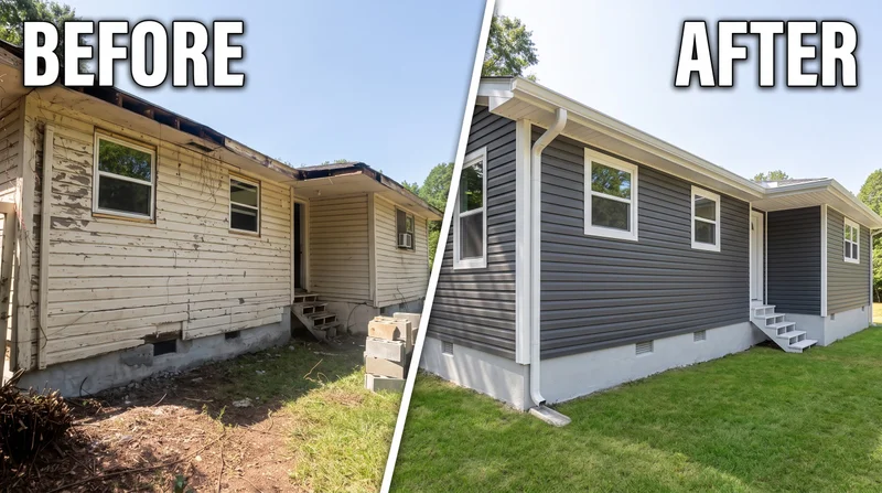 Before and after: aged ranch home with peeling siding replaced by gray vinyl and new steps