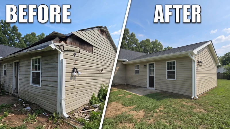 Before and after: ranch home with damaged roof edge and worn siding repaired in tan vinyl