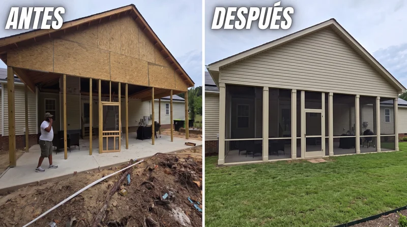 Before and after: unfinished porch enclosed with screen panels and tan vinyl siding