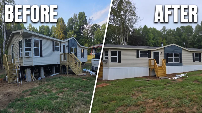 Before and after: manufactured home re-sided in cream vinyl with navy accent and new wood deck