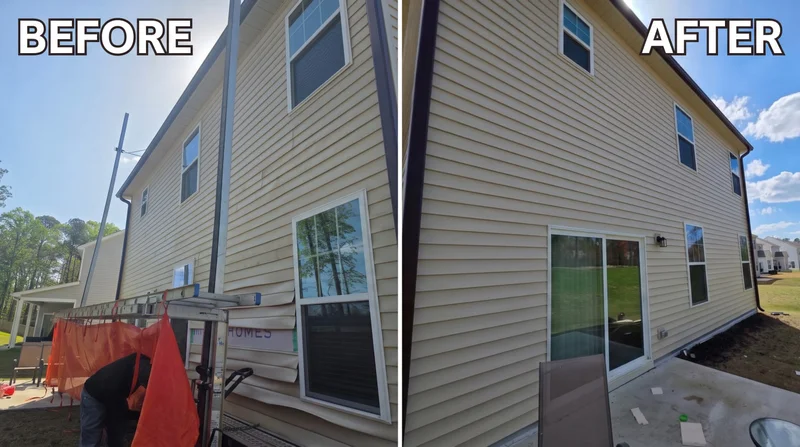 Before and after: two-story tan vinyl home with new sliding glass door and patio