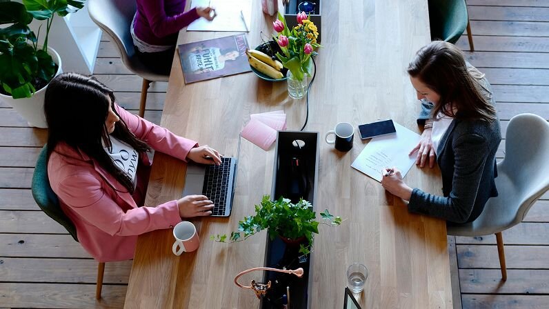 Two coworkers collaborating across a shared desk.