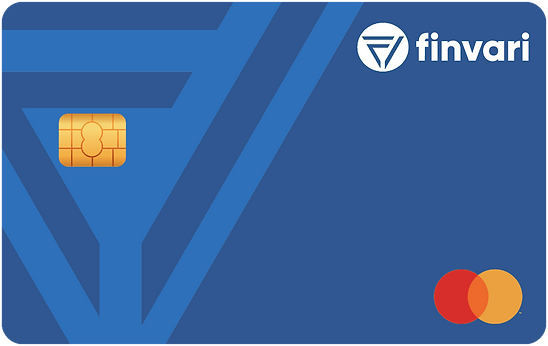 A blue Finvari debit card with a gold chip and Finvari logos.