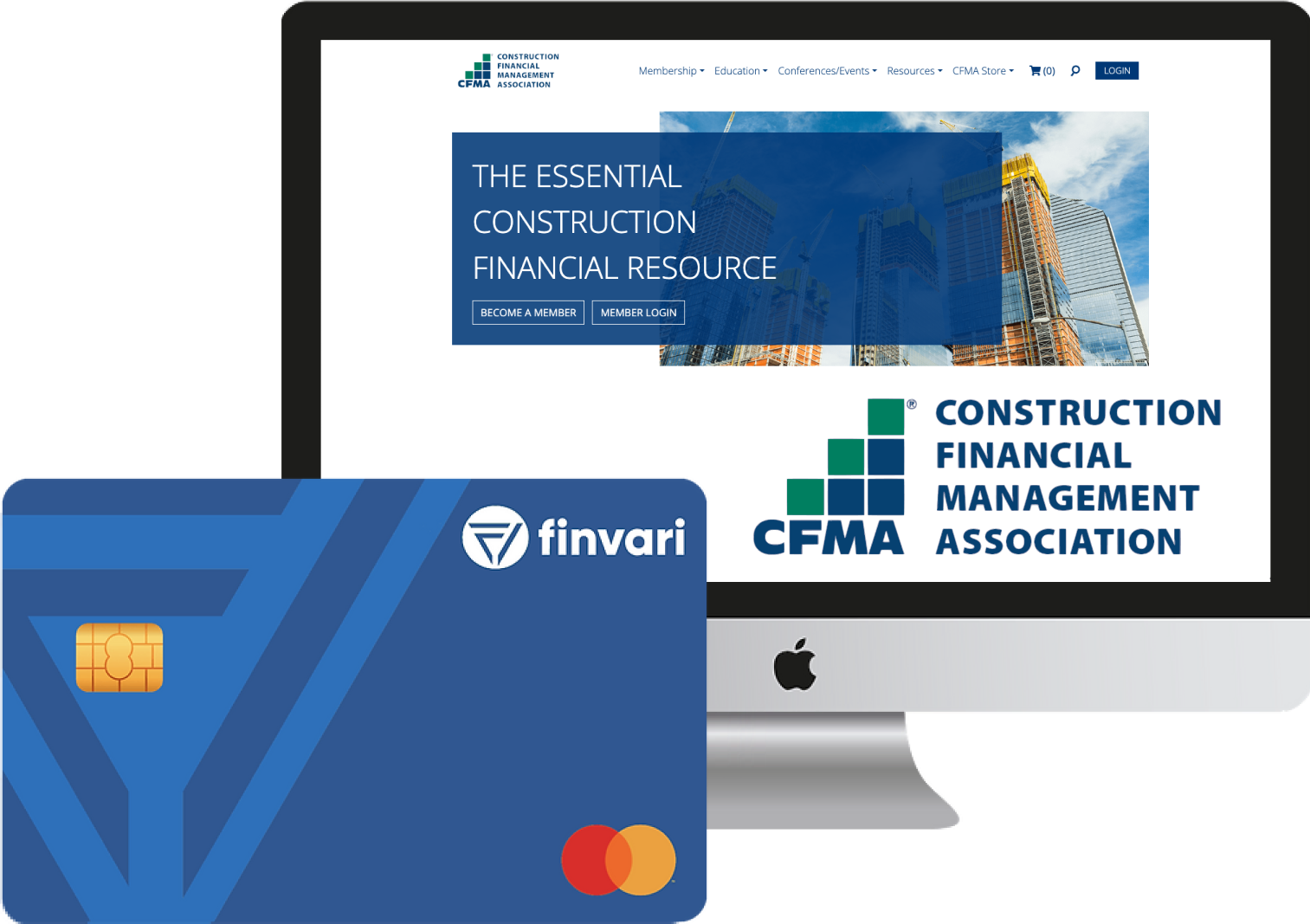 A Mac computer screen showing the CFMA website interface, overlaid by a blue Finvari debit card with a gold chip and Finvari logos.