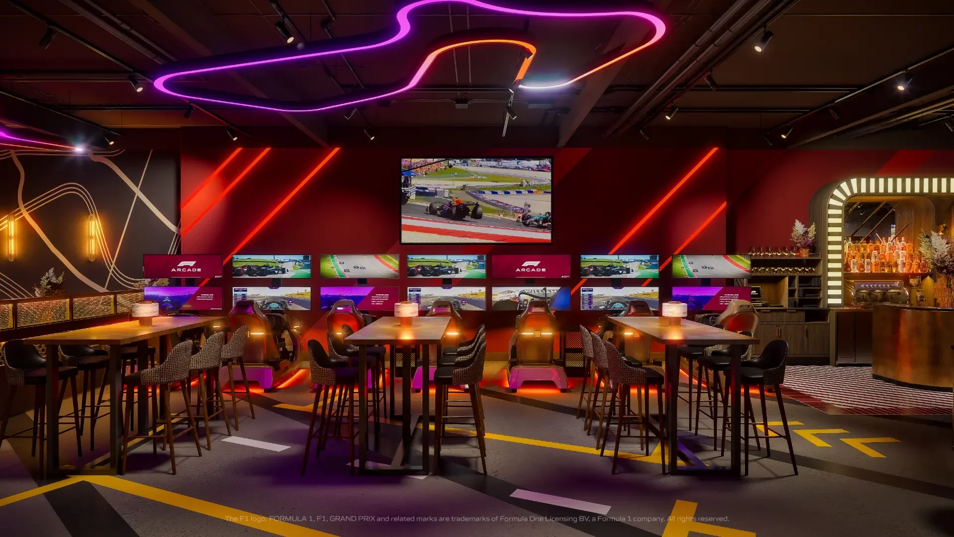 F1 Arcade Madrid Simulators and Dining Area with Bar CGI