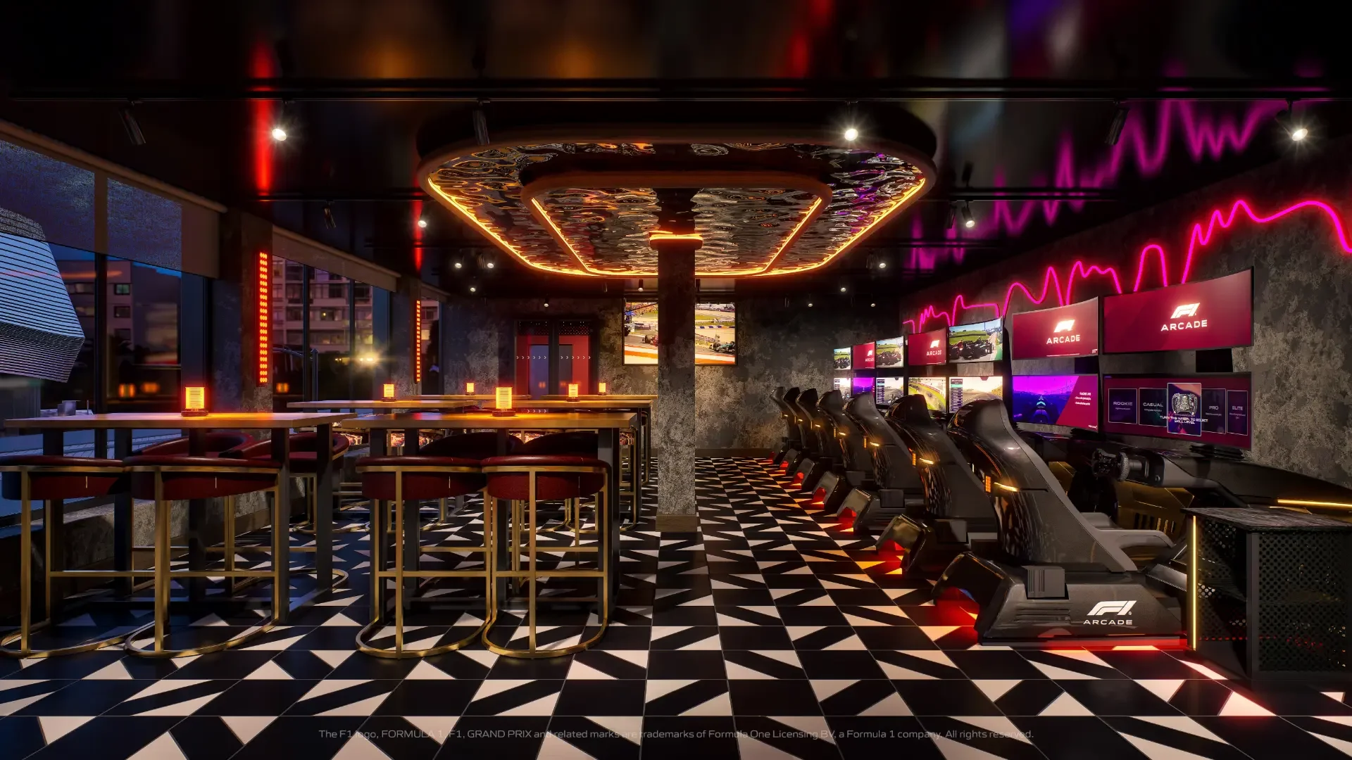 F1 Arcade Madrid Simulators and Dining Area CGI