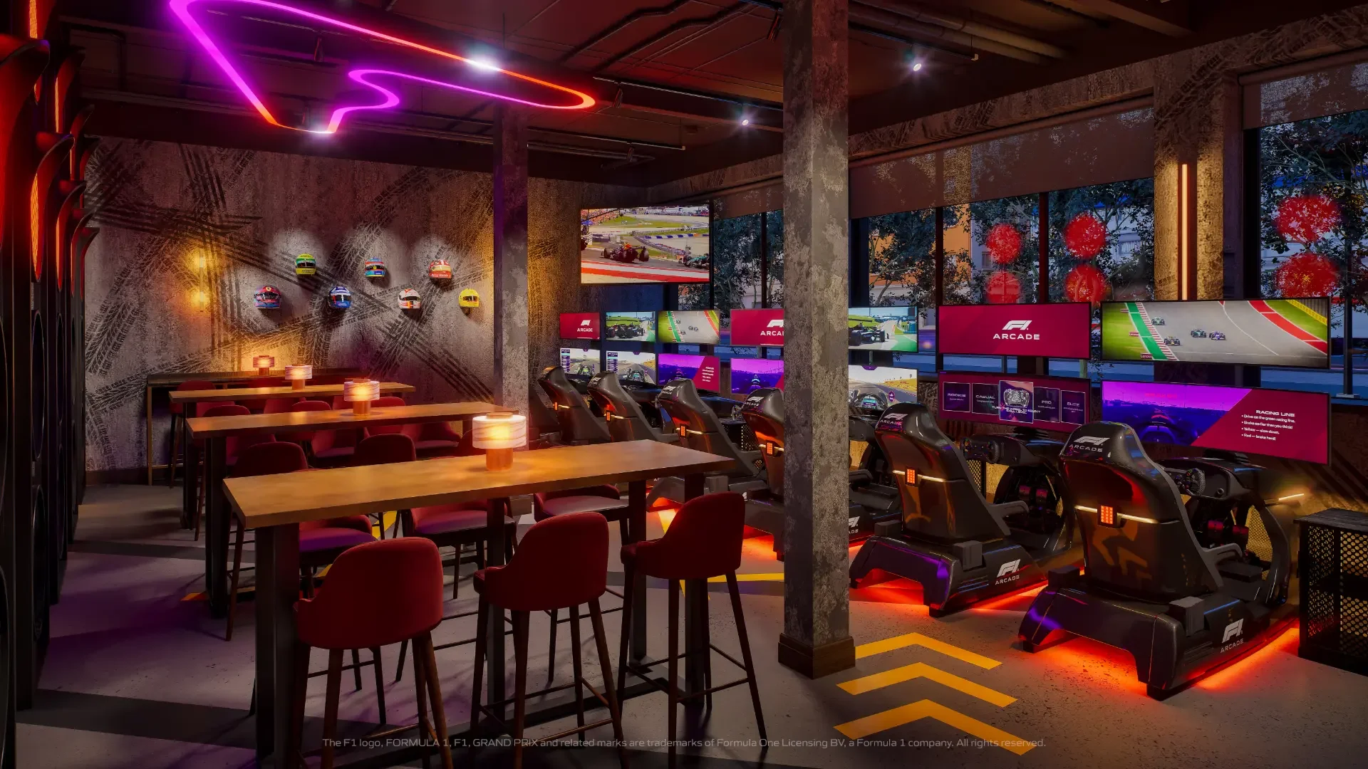 F1 Arcade Madrid Simulators and Dining Area CGI