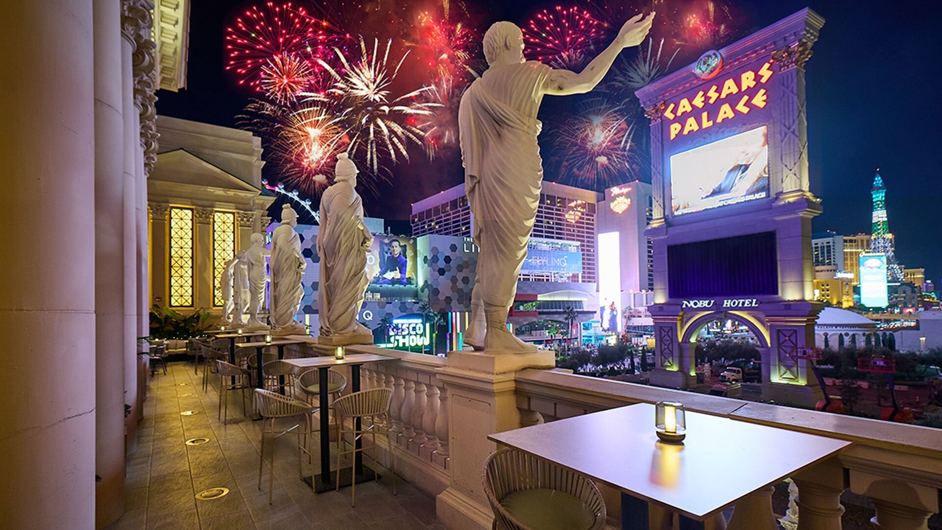 Fireworks Display at F1® Arcade Las Vegas overlooks Caesars Palace