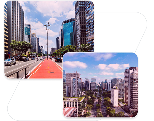 Ilustração de uma sala de reunião moderna com janelas panorâmicas e vista urbana ao fundo. À esquerda, um quadro rosa com o texto “VS” e os itens “preço”, “cobertura”, “documentação” e “Serviços”. Elementos gráficos circulares em rosa envolvem a imagem, com ícones de prédio e etiqueta ao redor.