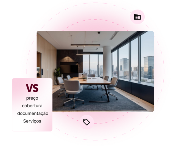 Ilustração de uma sala de reunião moderna com janelas panorâmicas e vista urbana ao fundo. À esquerda, um quadro rosa com o texto “VS” e os itens “preço”, “cobertura”, “documentação” e “Serviços”. Elementos gráficos circulares em rosa envolvem a imagem, com ícones de prédio e etiqueta ao redor.