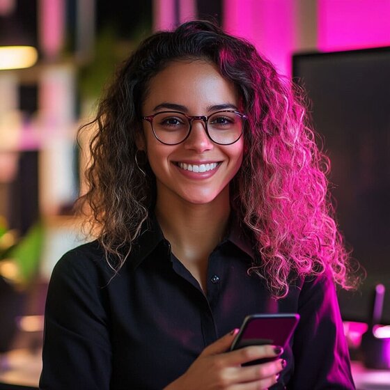 Mulher de cabelos longos, cacheados e óculos, sorrindo enquanto segura o celular para pesquisar sobre escritório virtual