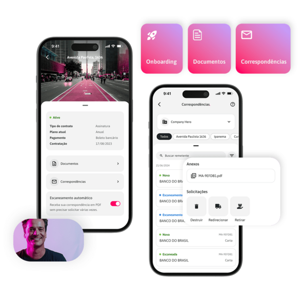 Screenshot do app de escritório virtual da Company Hero mostrando várias funcionalidades, como documentos, correspondências, tipos de contrato, entre outros.
