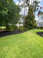 Fresh mulch beds framing a manicured lawn