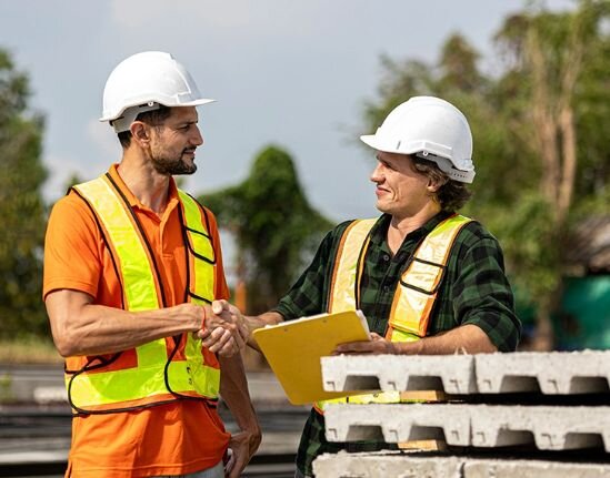 Two men in hard hats engage in a handshake, indicating teamwork and cooperation in a construction project.