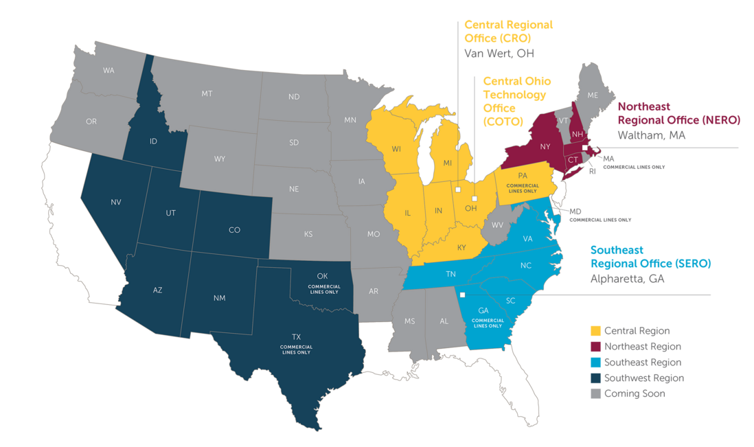 Map showing the regions we serve.