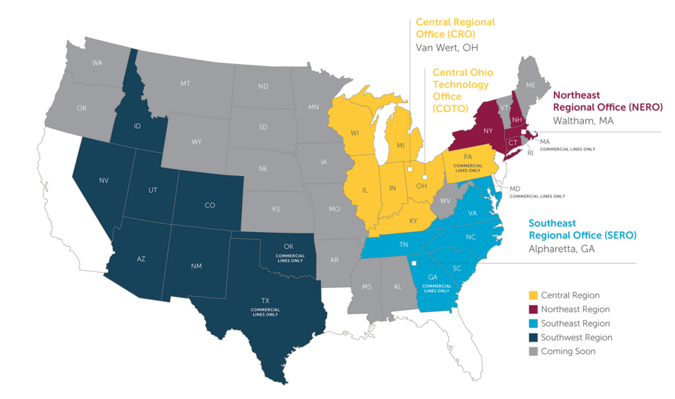 Map showing the regions we serve.