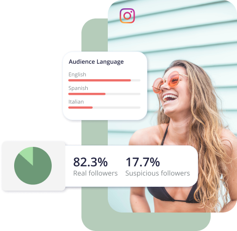 A collage of influencer metrics and a smiling woman.