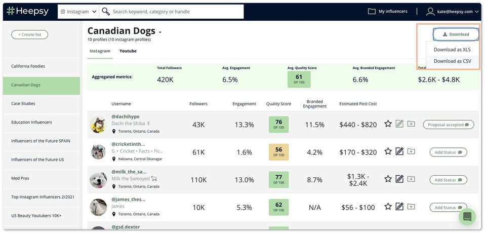 A Heepsy list with influencers and profile metrics.