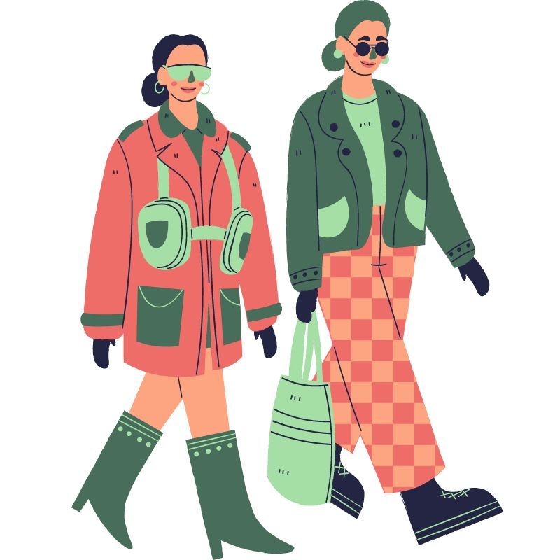 An illustration of two people dressed in trendy clothing.