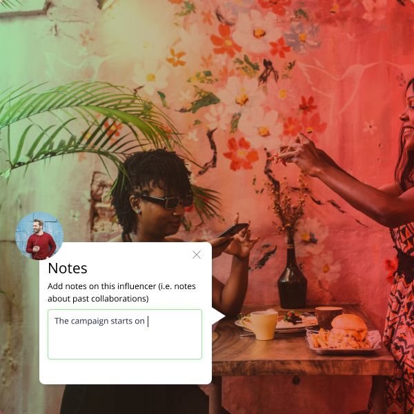 Women taking pictures of food collaged with a note about a marketing campaign.