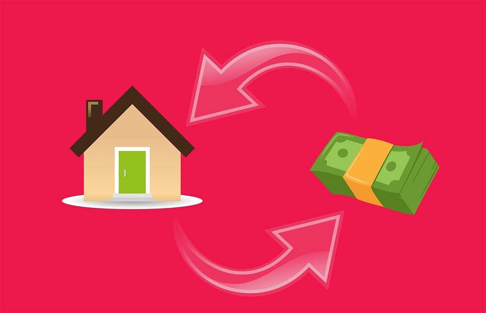 An illustration with cyclical arrows pointing to a house and a bundle of money