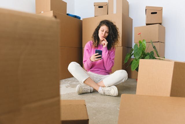 Young woman among moving boxes considering online loan.