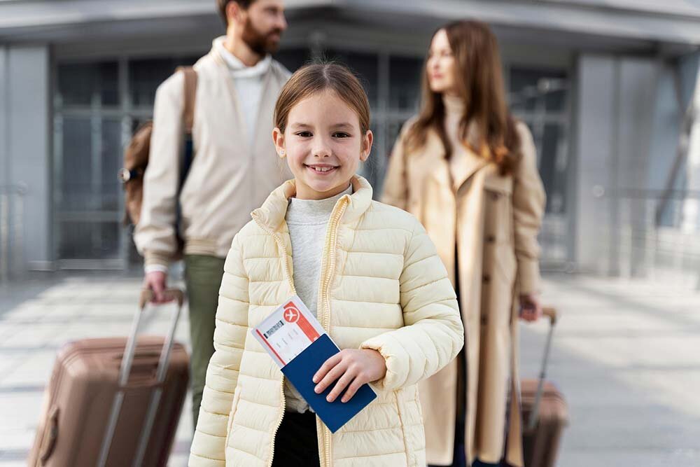 Family of three carrying their luggage and boarding passes.