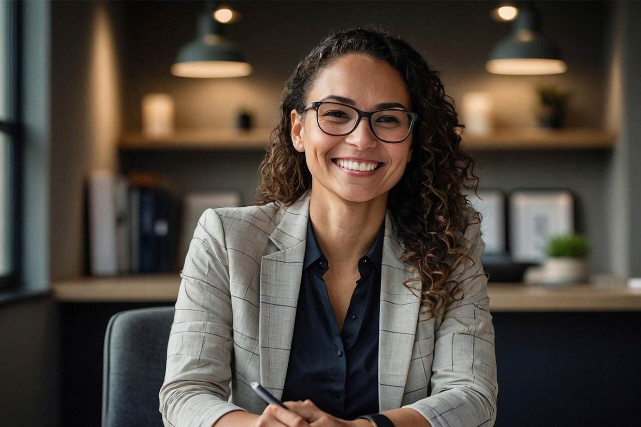 Happy business woman at her desk.