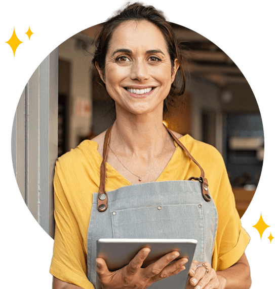 Woman holding tablet.