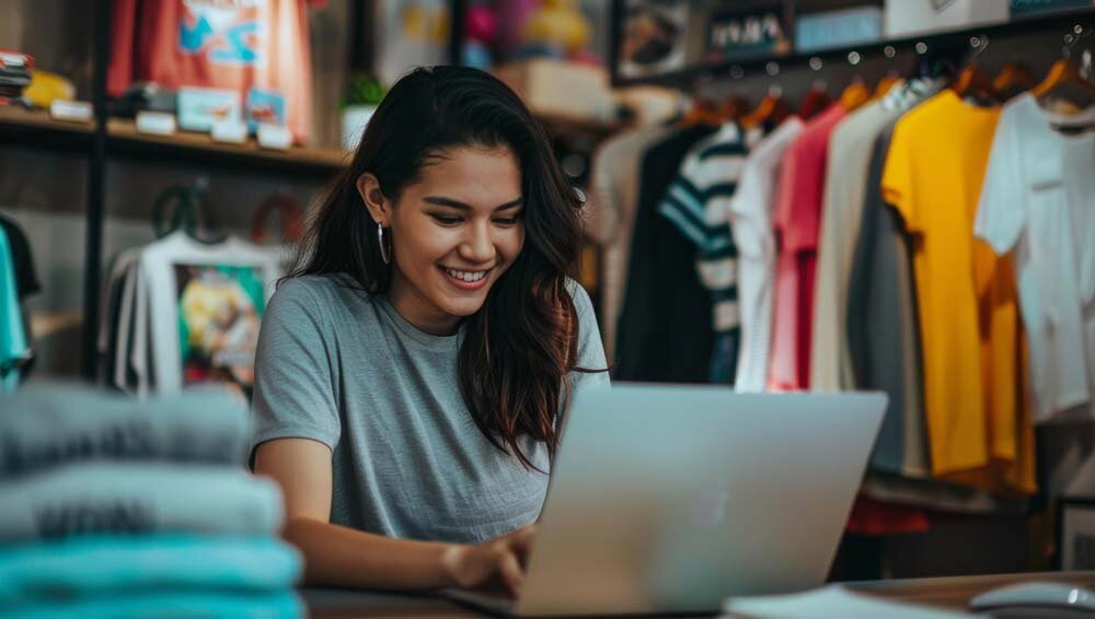 Young businesswoman sitting at a desk using a laptop in her clothes store