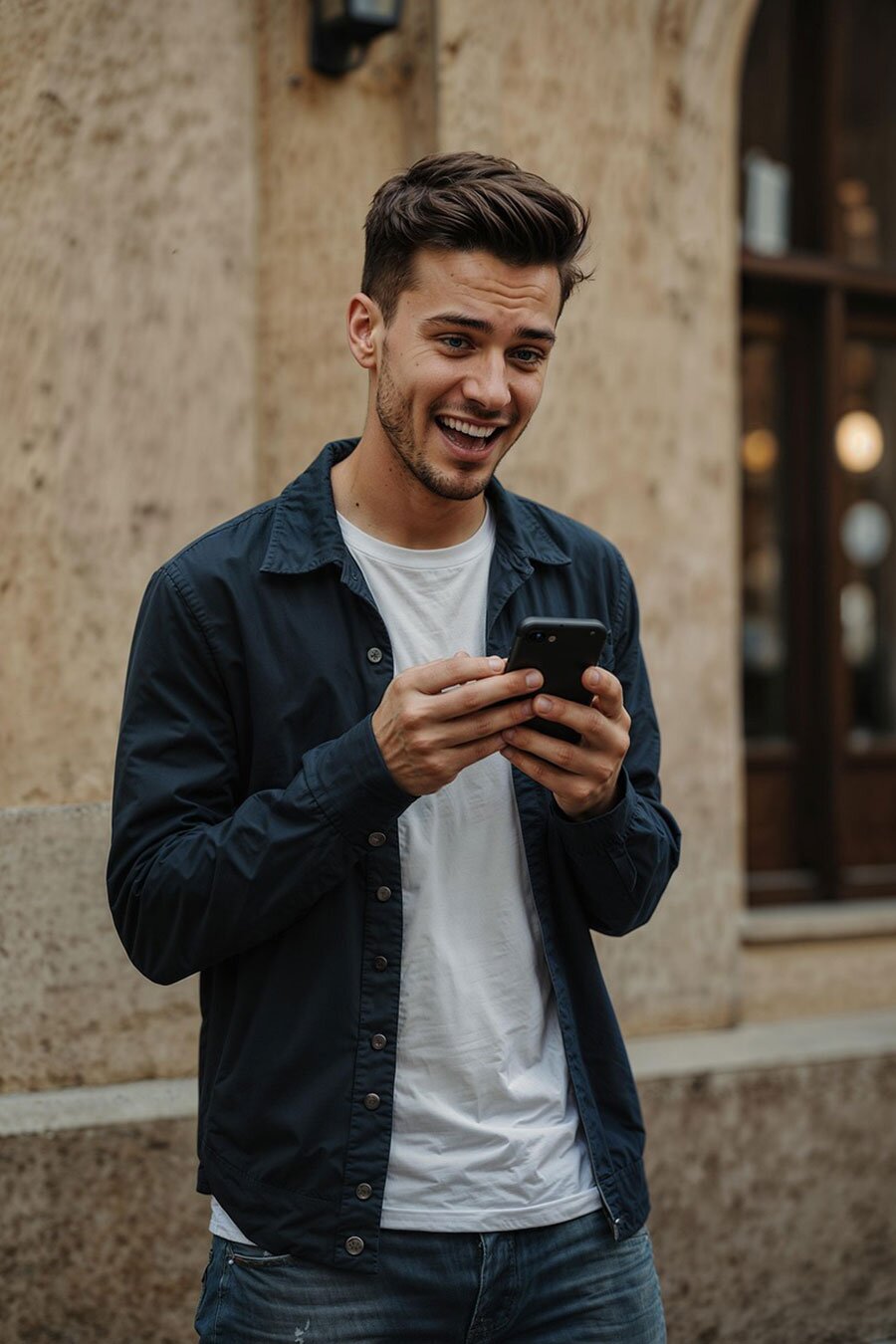 A happy young man standing outside using a smartphone