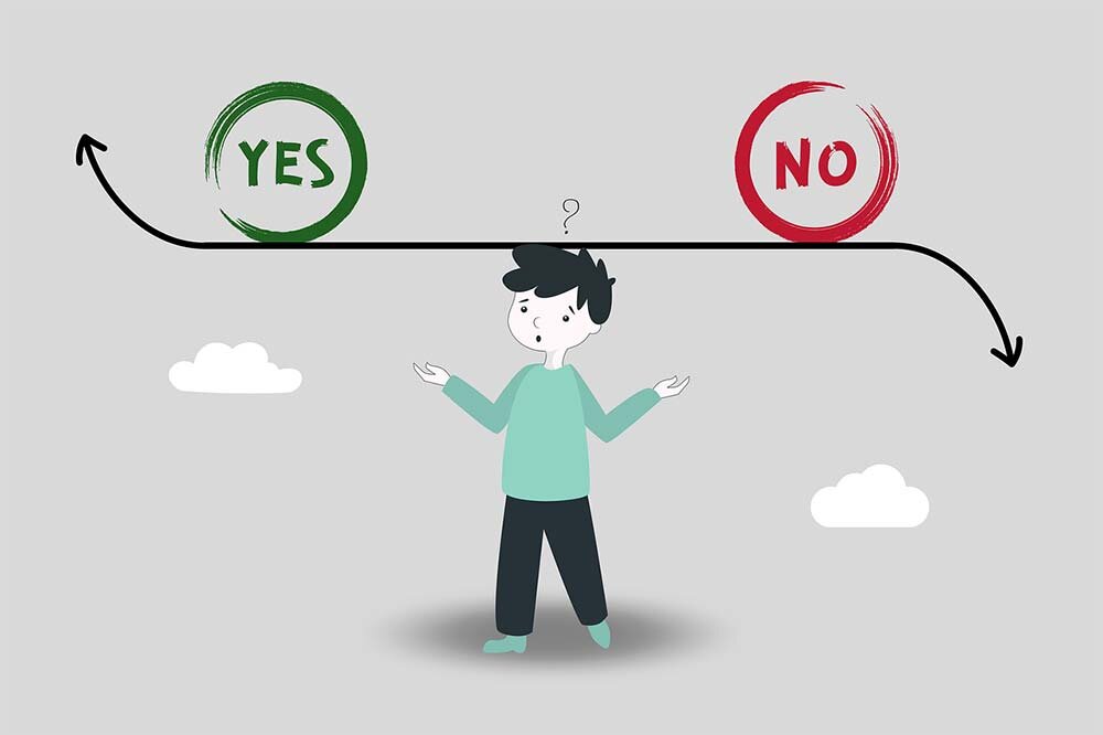  Illustration of a man with a bar on his end whose ends point in different directions with ‘yes’ and ‘no’ on either end.