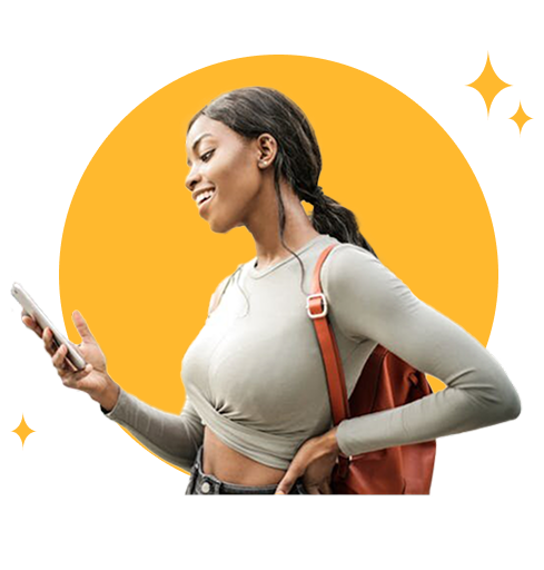 Smiling woman using her smartphone to apply for a personal loan in Alabama
